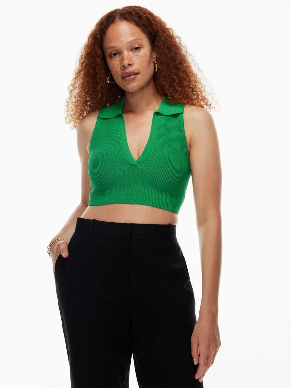 Babaton Sculpt Knit Polo Top Gloss Green Size Small Aritzia